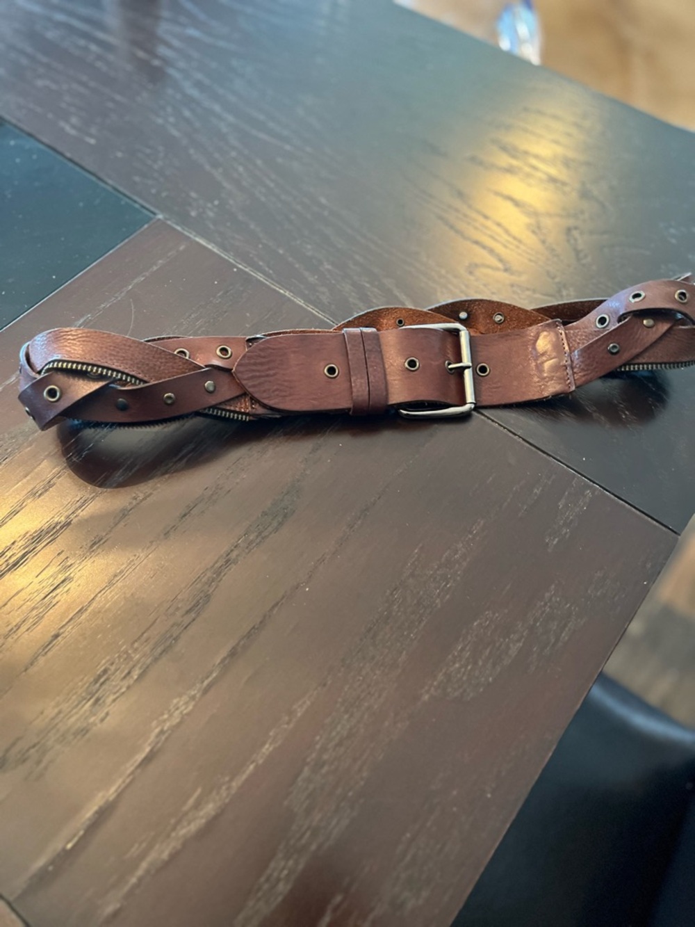 Women’s Braided Brown Leather Belt with Metal Eyelets